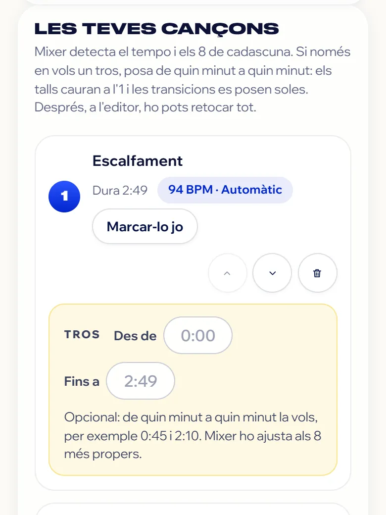 Tres cançons pujades a Mixer amb el tempo detectat: 94, 143 i 125 BPM