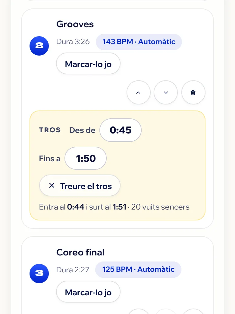 El tros d'una cançó, de 0:45 a 1:50, ajustat a 20 vuits sencers