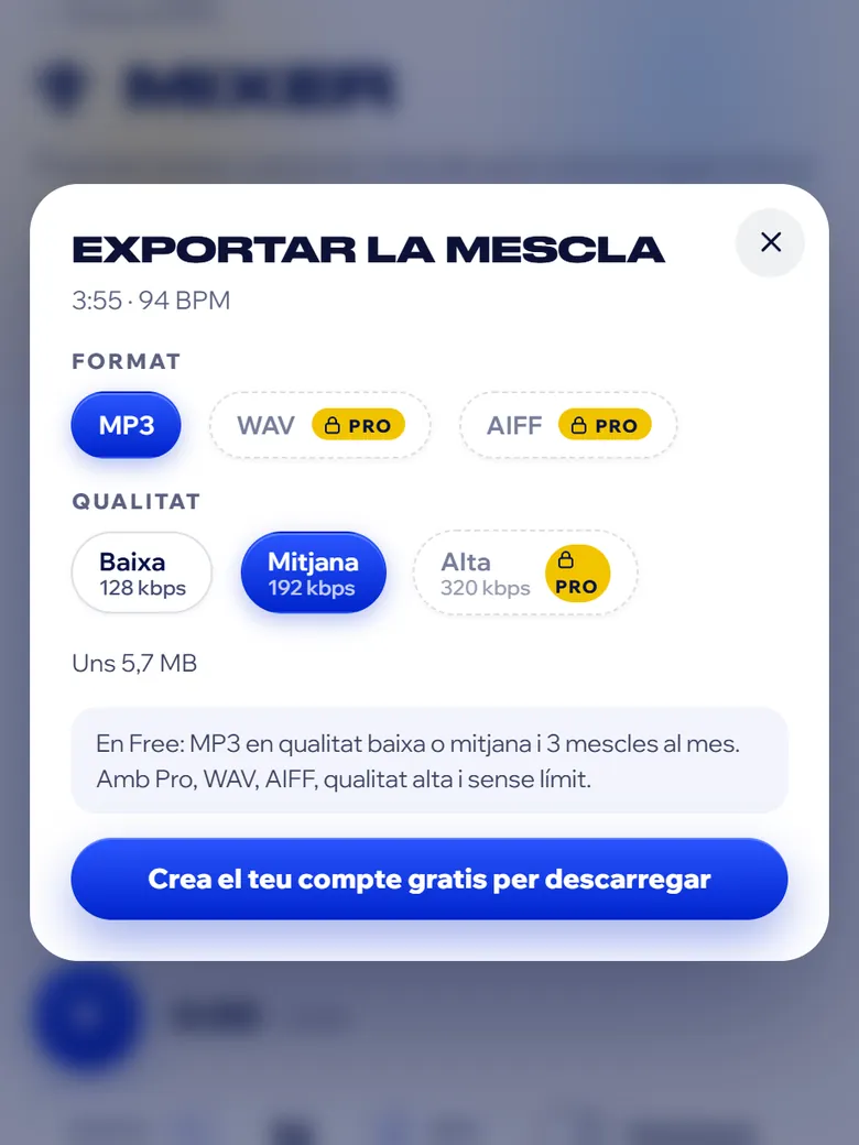 La finestra d'exportar la mescla: format MP3 i qualitat mitjana