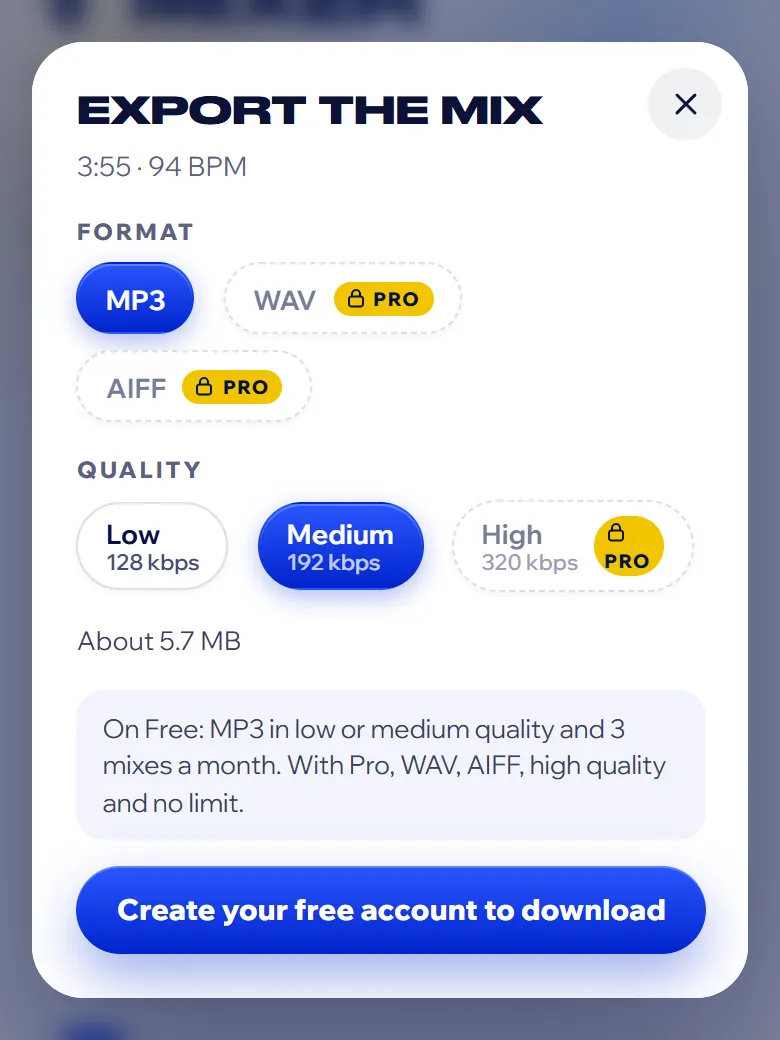 The export window: MP3 format, medium quality