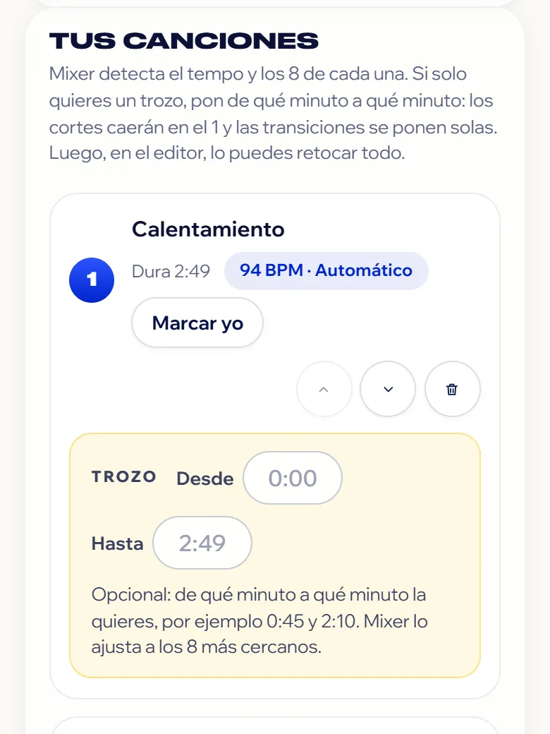 Tres canciones subidas a Mixer con su tempo detectado: 94, 143 y 125 BPM