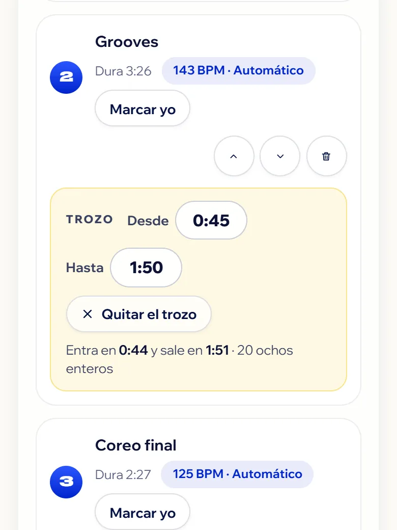 El trozo de una canción, de 0:45 a 1:50, ajustado a 20 ochos enteros