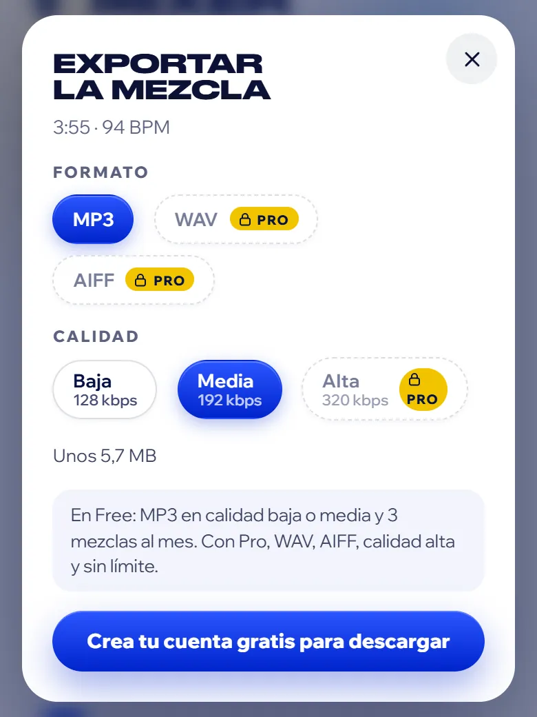 La ventana de exportar la mezcla: formato MP3 y calidad media